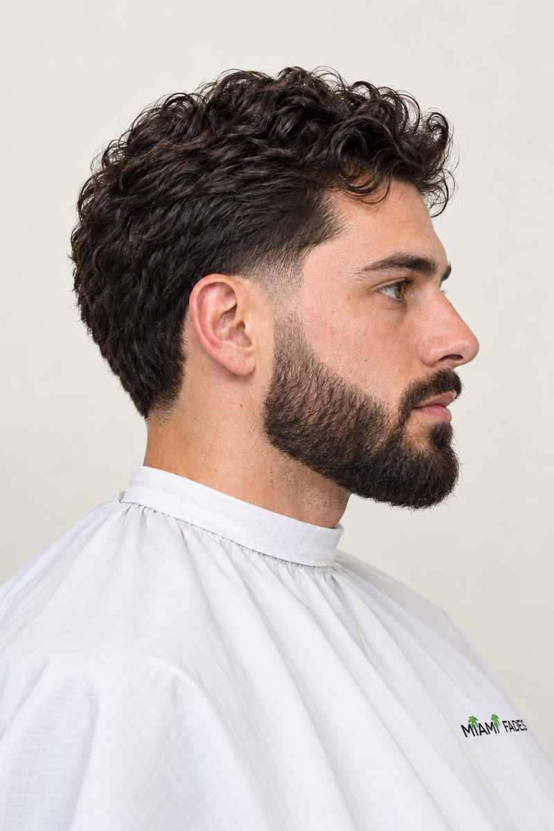 Beard sculpt and line-up haircut, side profile