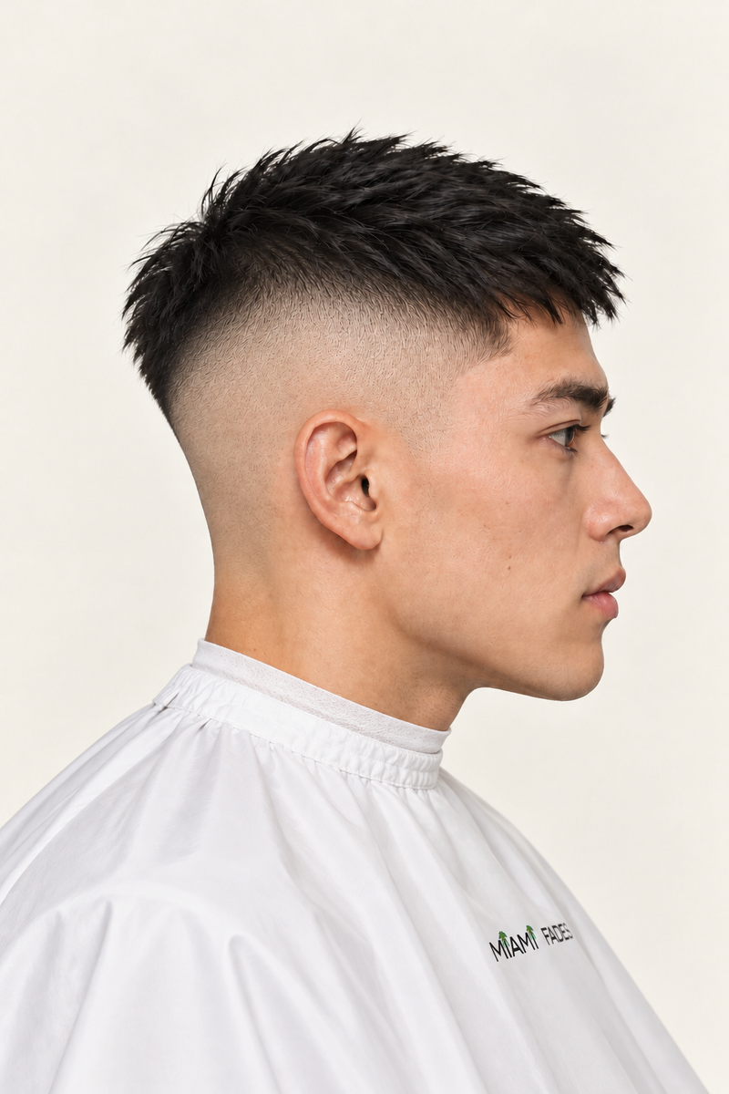 High fade haircut, side profile