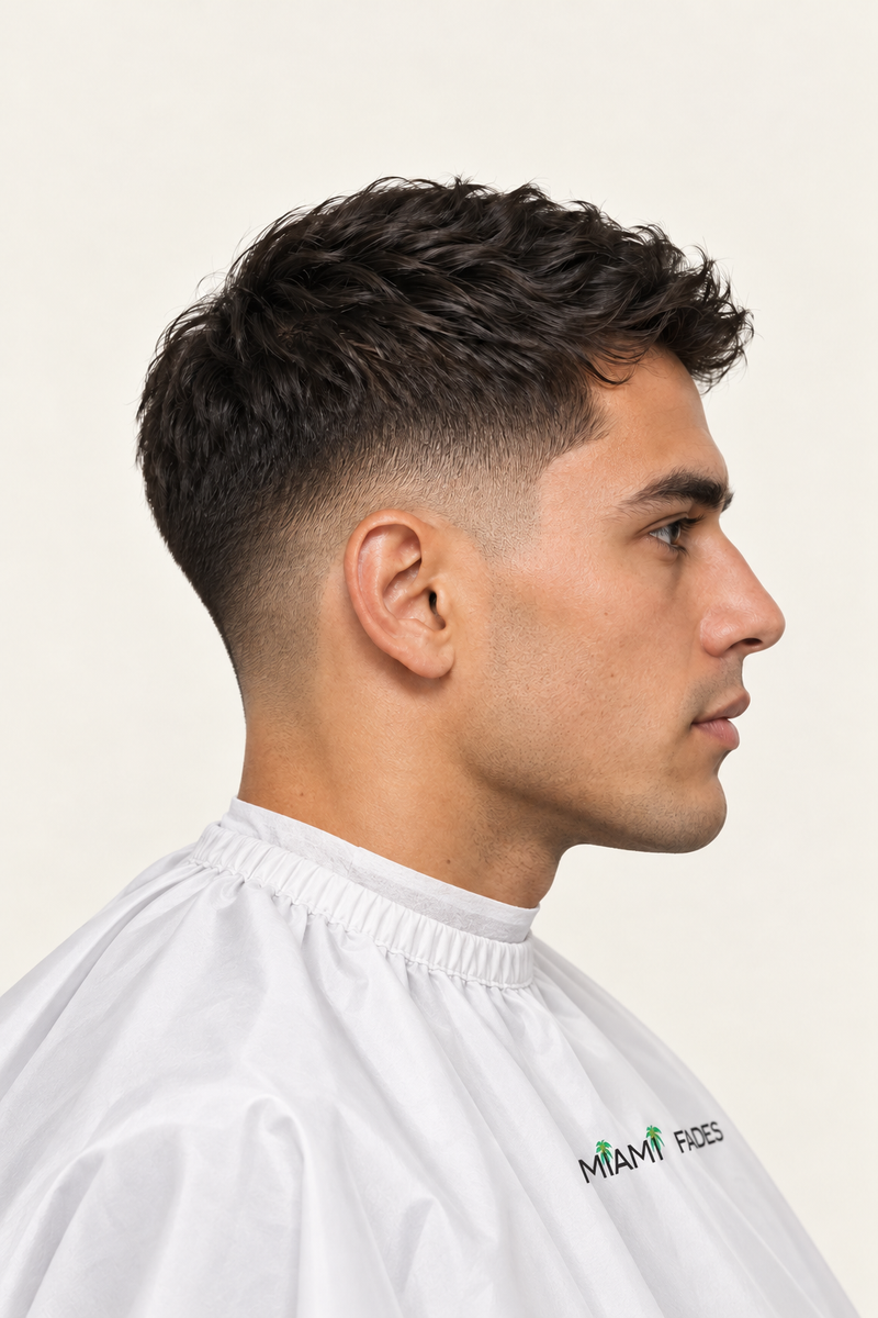Low fade haircut, side profile