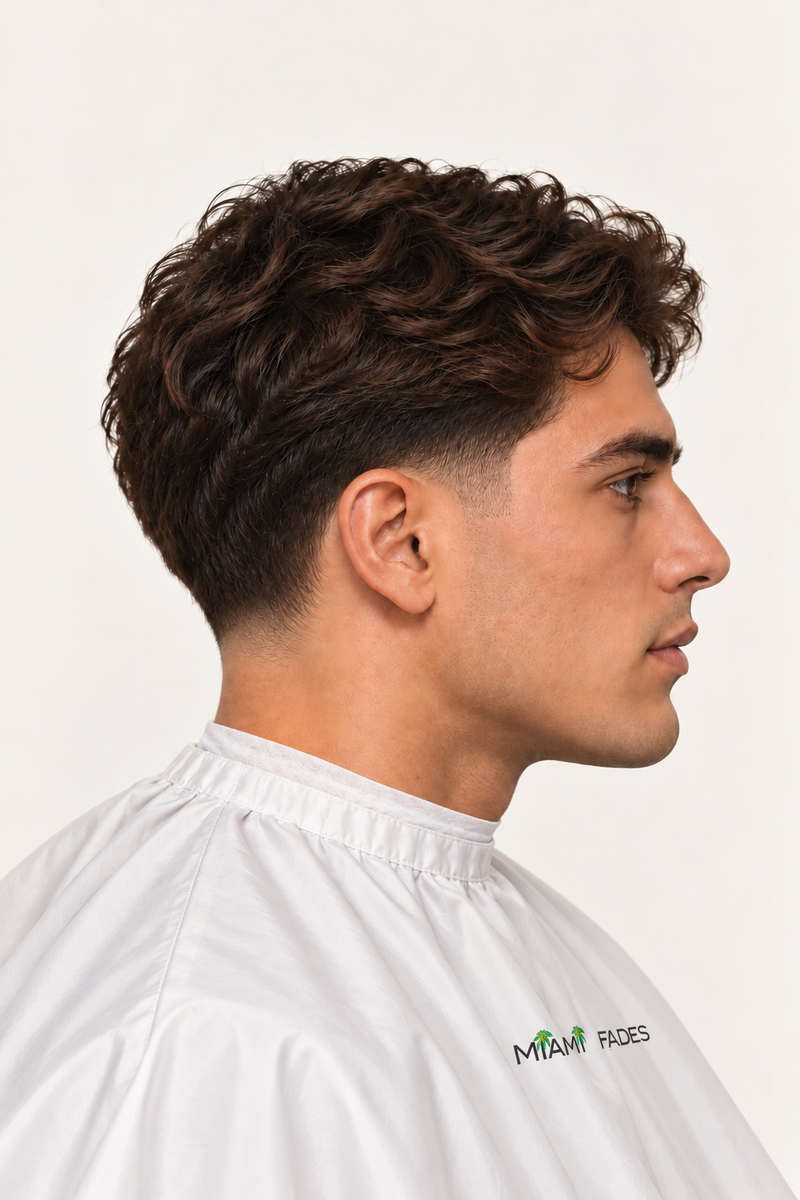 Low taper haircut, side profile
