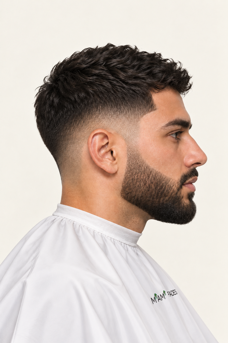 Beard sculpt and line-up haircut, side profile