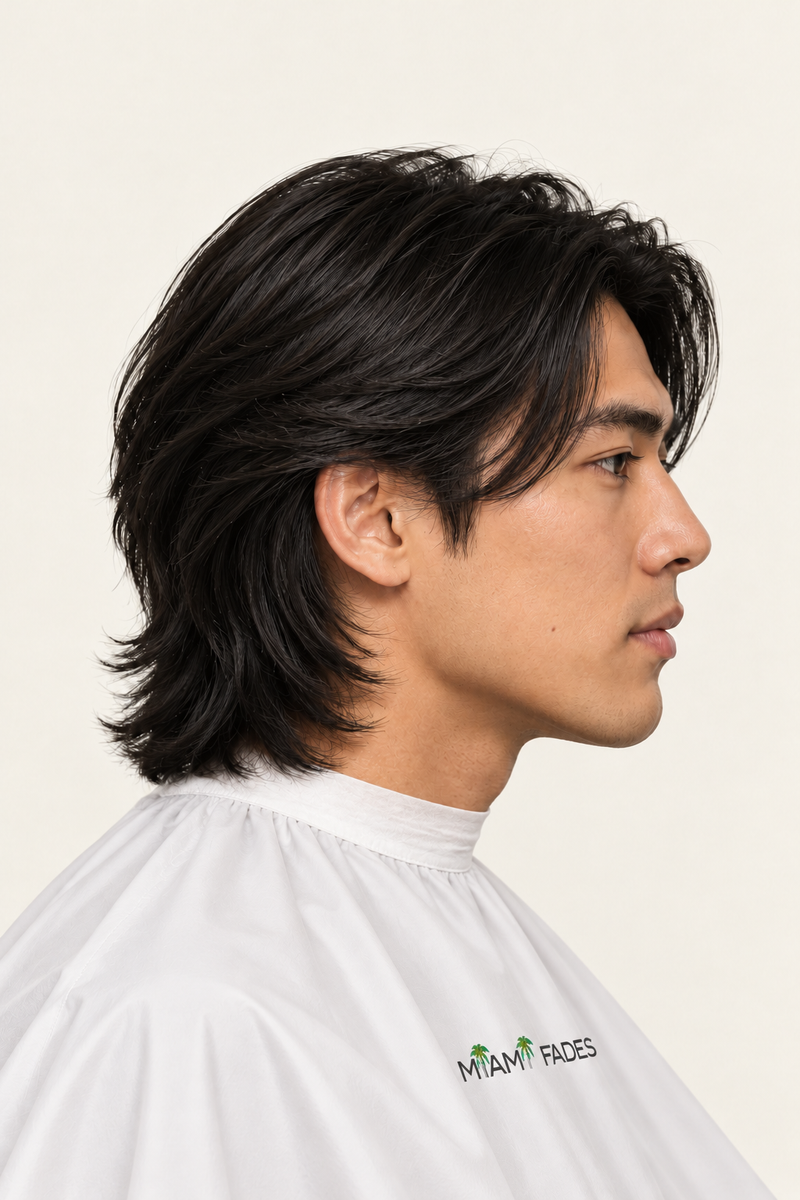 Precision long cut haircut, side profile