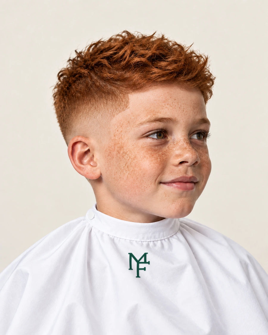 Illustration of a child with a textured crop and mid fade, wearing a white cape with the emerald Miami Fades crest