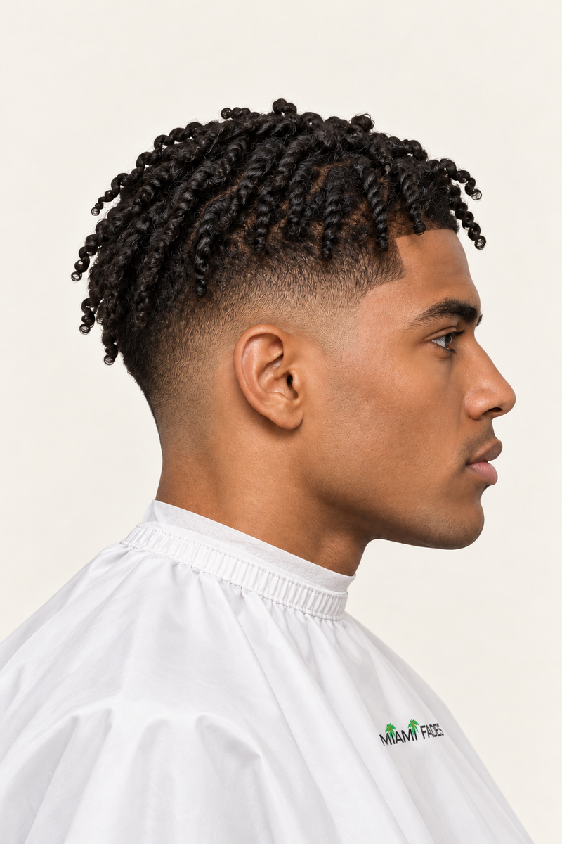 Twists and fade haircut, side profile